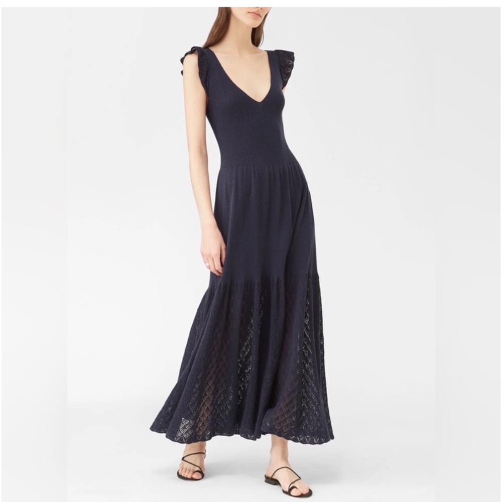 La Vie Rebecca Taylor Pointelle Ribbed Knit Maxi Dress Navy Blue